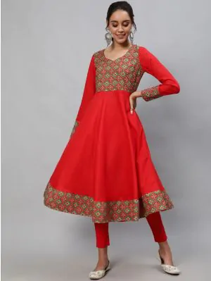 Red & Green Patola Printed Flared Anarkali