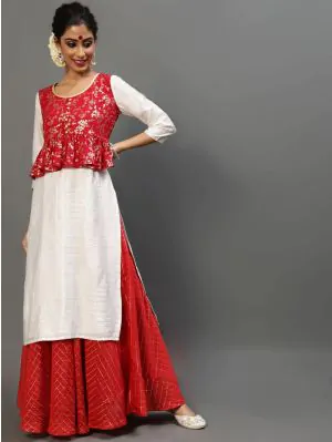 Red & White Gold Printed Kurta With Jacket