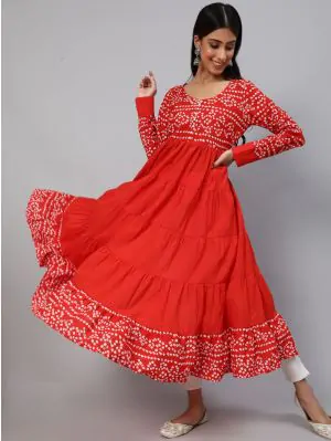 Red & White Bandhani Printed Tiered Anarkali
