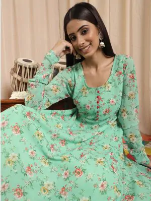 Green & Red Floral Printed Anarkali Kurta