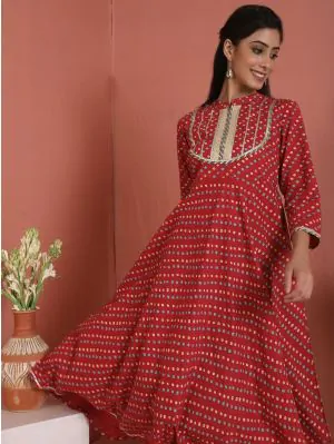 Red Bandhani Printed Lace Yoke Design Anarkali