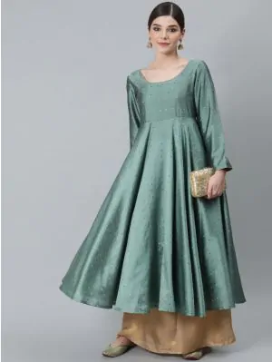 Green Dobby Woven Design Flared Anarkali