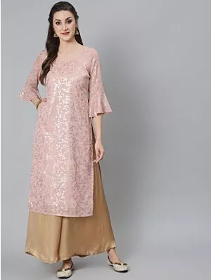 Pink Gold Foil Printed Straight Kurta With Flared Sleeve