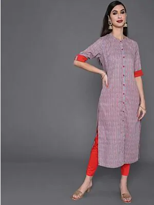 Red & Grey Striped Printed Straight Kurta