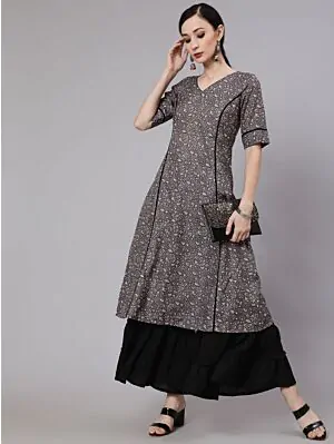 Grey & Black Floral Printed A-Line Kurta