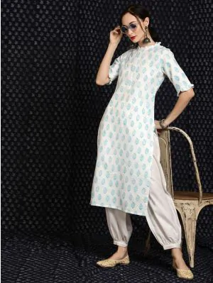 White & Blue Hand Block Printed Straight Kurta