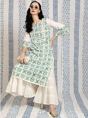 White & Green Hand Block Printed Straight Kurta