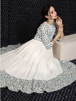 White & Blue Hand Block Printed Tiered Anarkali