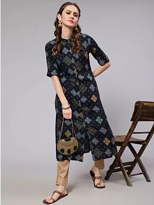 Blue Gold Bandhani Printed Button Down Kurta