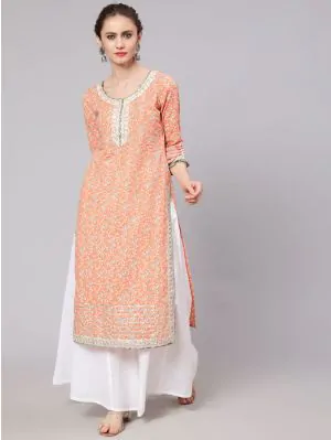 Peach & Grey Floral Printed Straight Kurta With Lace Detail