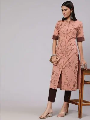 Brown Printed Button Down Straight Kurta
