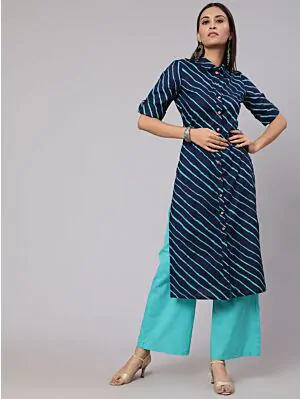 Blue Leheriya Printed Button Down Straight Kurta