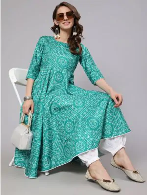 Green & White Bandhani Printed Flared Anarkali