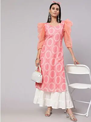 Peach Bandhani Printed Straight Kurta With Organza Sleeve