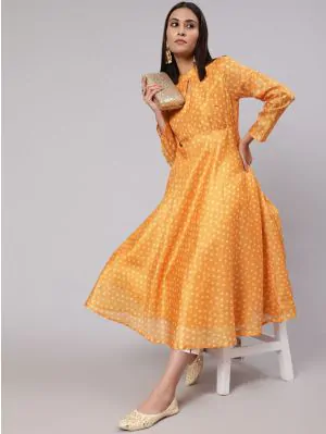 Yellow Printed Flared Anarkali