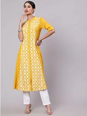 Yellow & White Embroidered Button Down A-Line Kurta