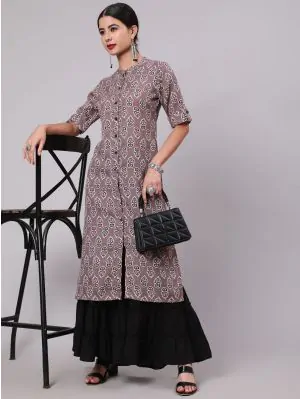 Grey & Black Floral Printed Button Down Kurta