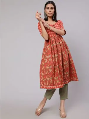 Red & Yellow Floral Printed Gathered Kurta