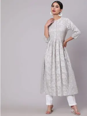 Grey & White Khari Printed Gathered Kurta