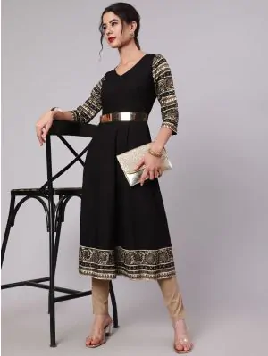 Black Solid Anarkali With Printed Sleeve & Border Detail