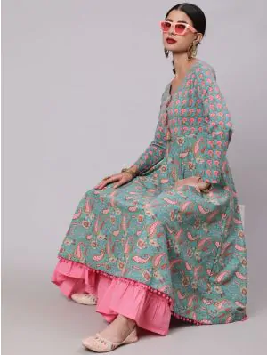 Light Blue & Pink Floral Printed Anarkali With Pom-Pom Lace
