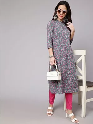 Grey Kantha Floral Printed A-Line Kurta