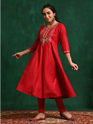 Women Festive Red Embroidered Anarkali Kurta