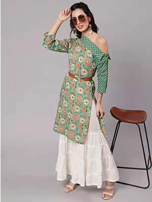 Women Green Floral Print One Shoulder Kurta