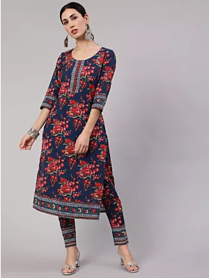 Women Navy Blue Floral Print Straight Kurta