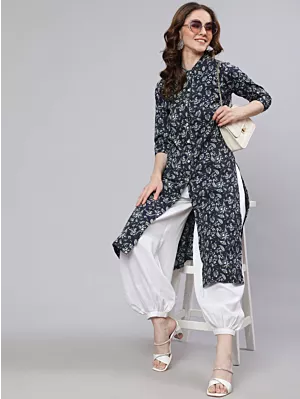 Navy Blue Floral Printed Button Down Kurta