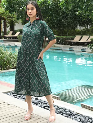 Women Green Printed Lurex Design A-Line Kurta