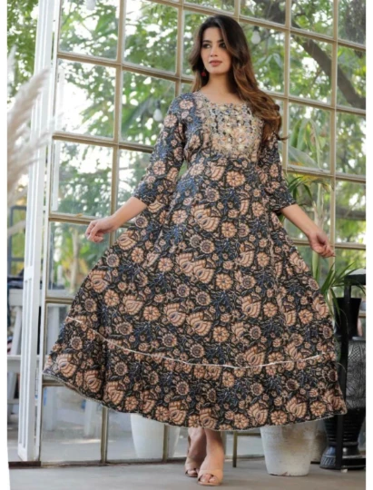 Women Printed Viscose Rayon Gown Kurta (Multicolor)