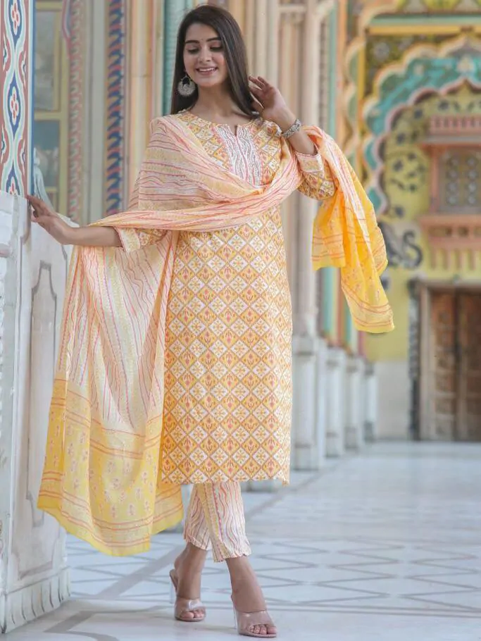 Katha Work Straight Cotton Kurta Set