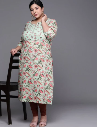 Women Plus Size Green & Orange Ethnic Motifs Printed Mirror Work Kurta