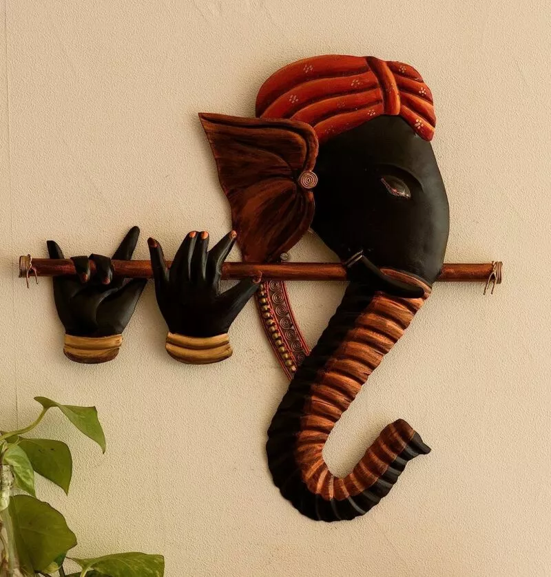 Metal Wrought Iron Lord Ganesha Playing Flute Wall Hanging Sculpture Decorative Religious Showpiece For Home Wall Decor