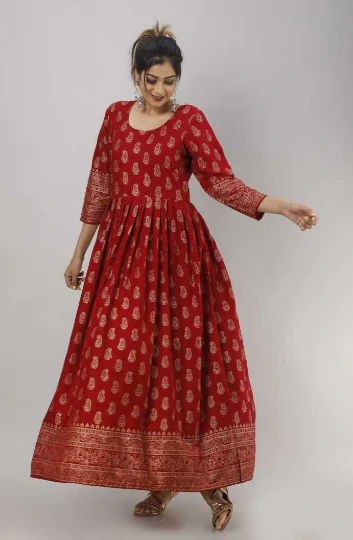 Women Printed Viscose Rayon Flared Kurta  (Maroon)