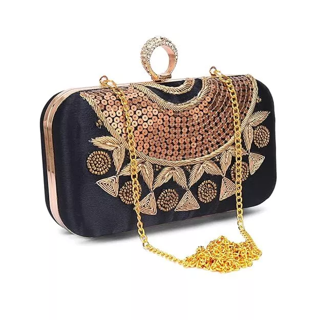 Women Embroidered Navy Blue Ring Clutch