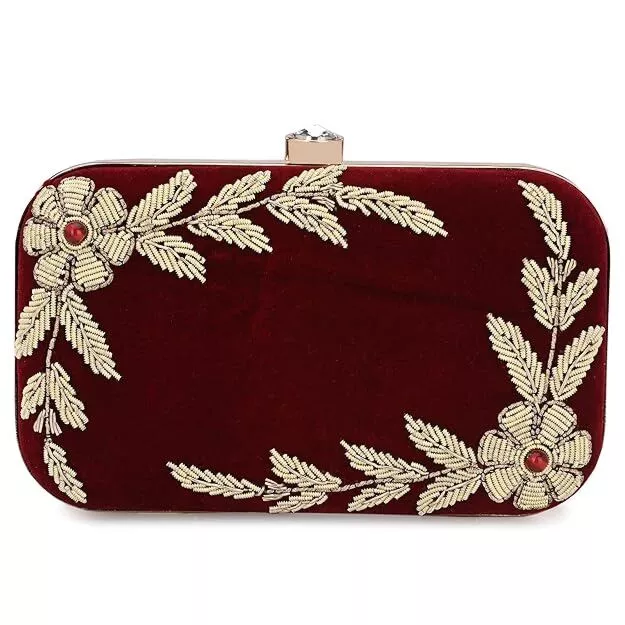 Women Hand Embroidered Maroon Box Clutch Bag Purse 