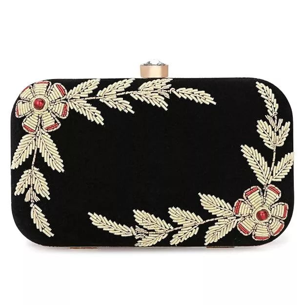 Fabdia Wedding  Hand Embroidered Black Box Clutch Bag Purse for Bridal 