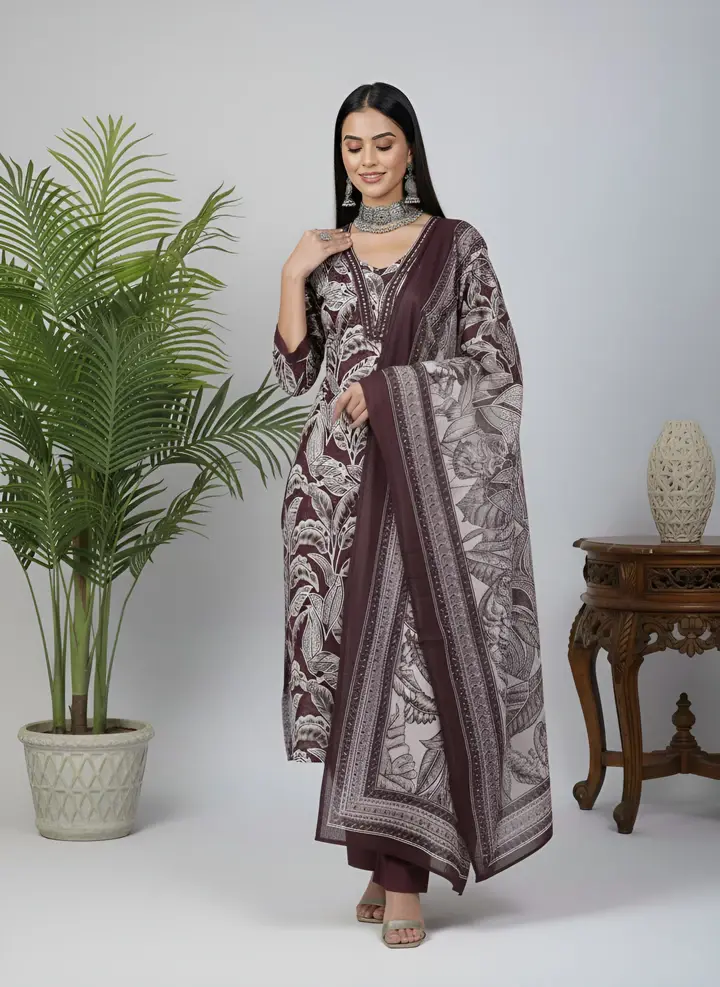 Burgundy Printed Straight Kurta Set With Dupatta for Women