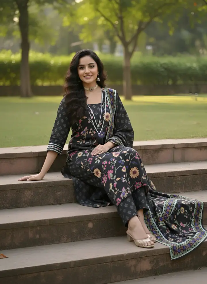 Black Floral Printed Straight Kurta Set With Dupatta for Women
