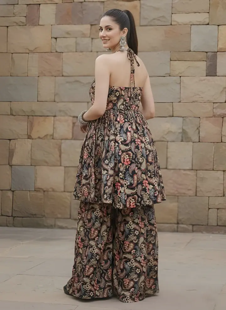 Black Printed Flared Kurta With Sharara for Women