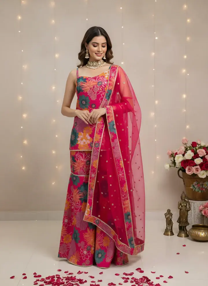 Magenta Printed Straight Kurta Set With Dupatta for Women