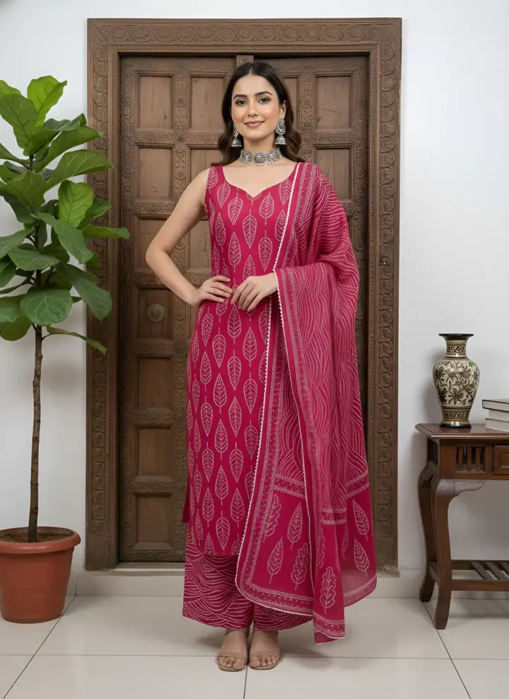 Pink Printed Straight Kurta Set With Dupatta for Women