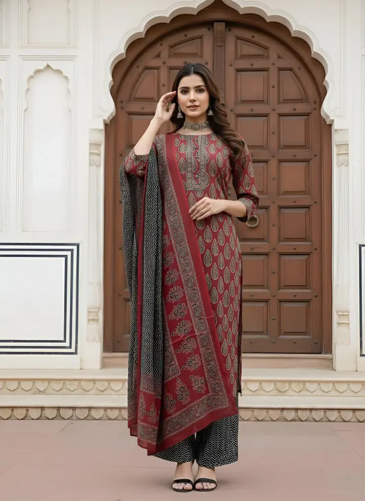 Maroon & Black Printed Straight Kurta Set With Dupatta for Women