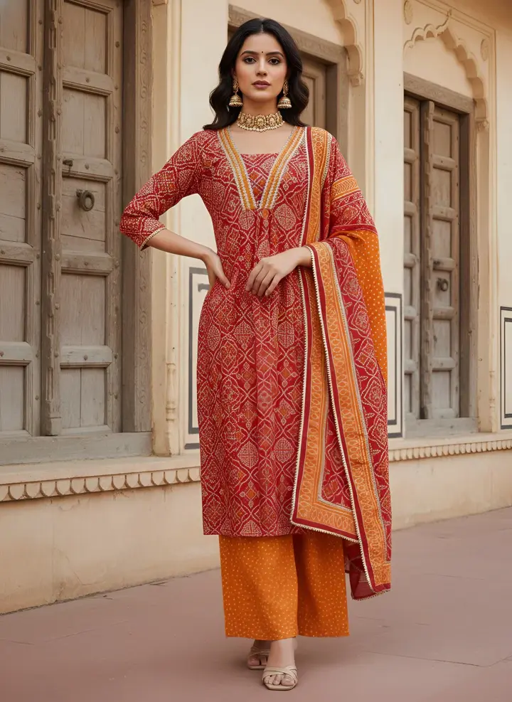 Red Printed Straight Kurta Set With Dupatta for Women