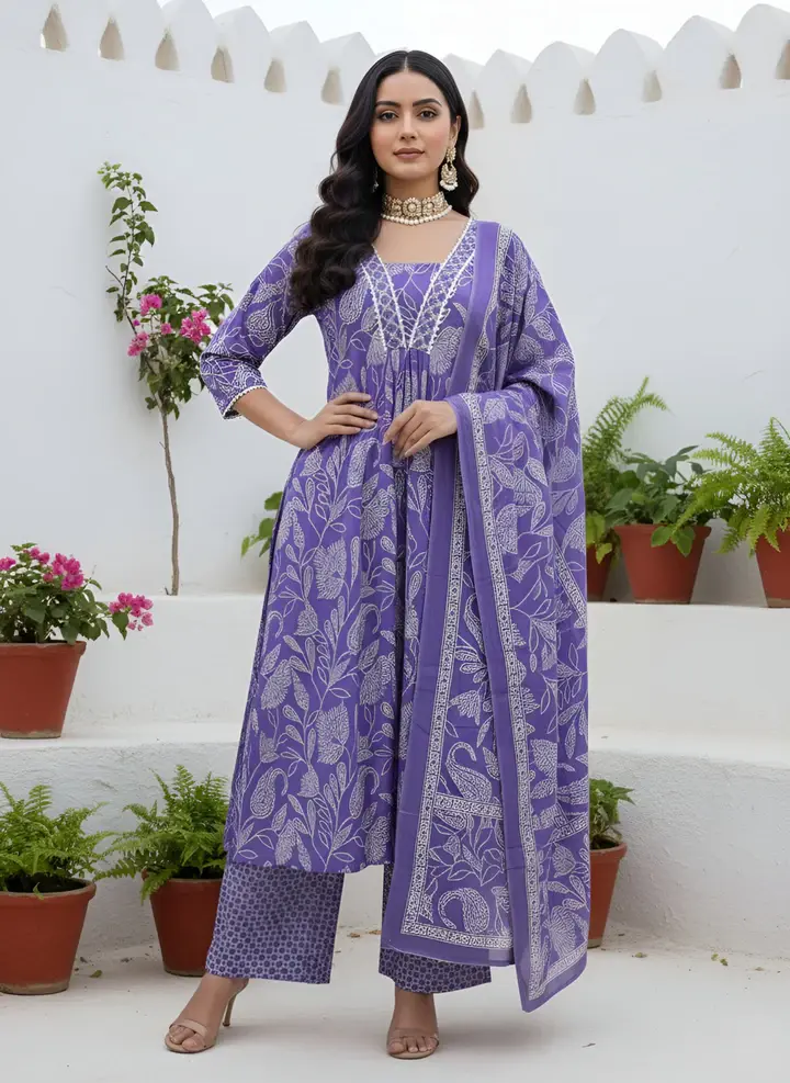 Lavender Printed Straight Kurta Set With Dupatta for Women