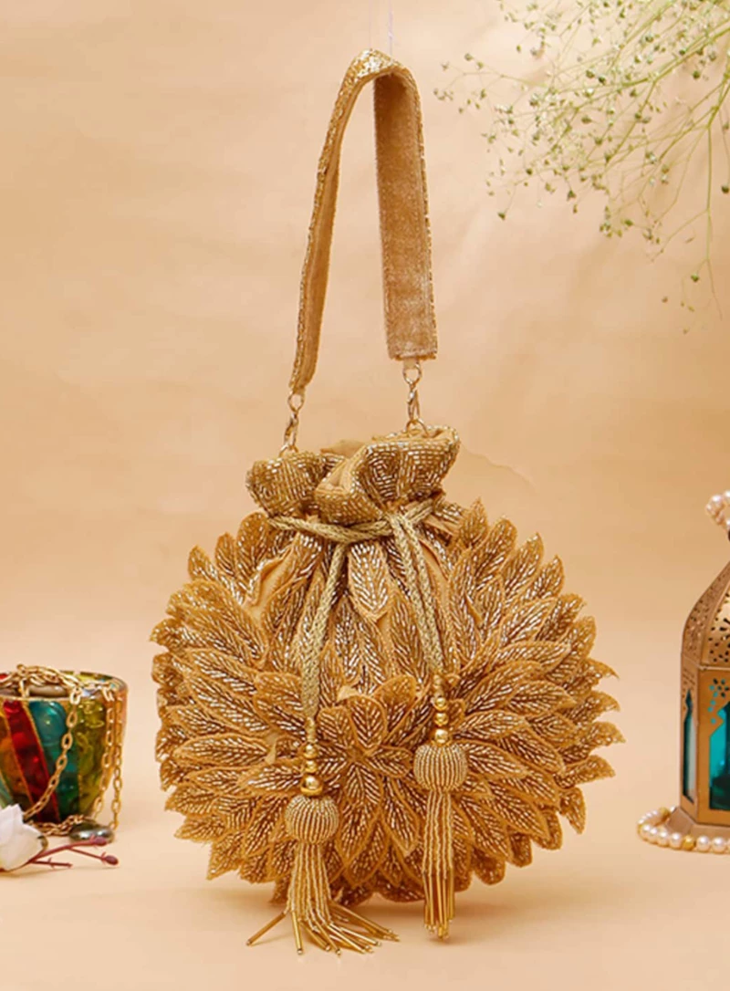 Golden Flower Sequined Heavy Potli Bag for Women