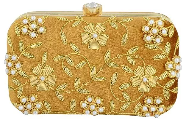 Women Golden Bridal Embroidered Clutch For Parties
