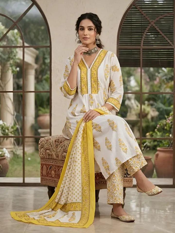 White Printed Anarkali Kurta Set With Dupatta for Women